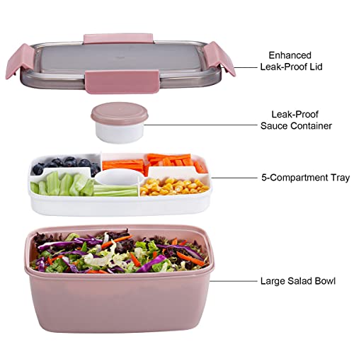 Caperci Large Salad Lunch Container - Adult Bento Lunch Box With 68 Oz Salad Bowl, 5-Compartment Tray, 2Pcs 3-Oz Sauce Cups, Stackable, Bpa-Free (Pink) #TOP3