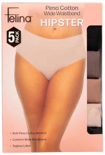 Image of Felina Womens 5 Pack Pima Cotton Wide Waistband Hipster