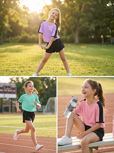 Image of SELINK Girls Travel Outfits Set Rainbow Striped Two Piece Lounge Sets Casual Sweat Tracksuit Matching Runner Shorts
