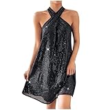 2025 Summer Women Sleeveless Cross Neck Sling Midi Dress Sequin Dress Sparkly Glitter Halter Party Evening Dress Black