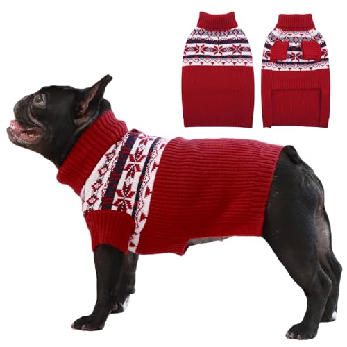 IECOii Large Dog Christmas Sweater, Cold Weather Knitted Winter Coat, Xmas Apparel, Turtleneck Thick Warm Red for Dachshund, Pug, French Bulldog Large