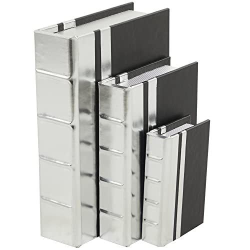 Cosmoliving By Cosmopolitan Faux Leather Faux Book Box With Metallic Finish, Set Of 3 12", 9", 6"H, Silver #TOP20
