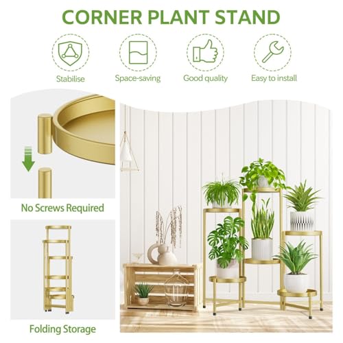Image of iDavosic.ly 6 Tier Large Plant Stand Indoor, 10 Inch Wide Tall Corner Metal Plant Stands Outdoor for Multiple Plants, Folding Tiered Flower Display Holder Rack Shelf, Gold
