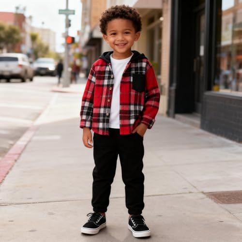 Image of Size 2-6 Years Toddler Boys Clothes Plaid Hooded & Pants 2 Piece Set Kids Boys Fall Outfits Sets