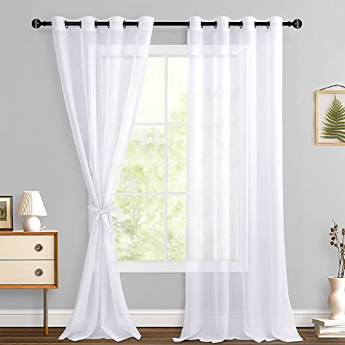 Hiasan Cortinas transparentes blancas con alzapaños, filtrado de luz, con textura de gasa, cortinas extralargas con ojales para dormitorio, sala de estar, puerta de patio, 52 x 120, juego de 2 paneles