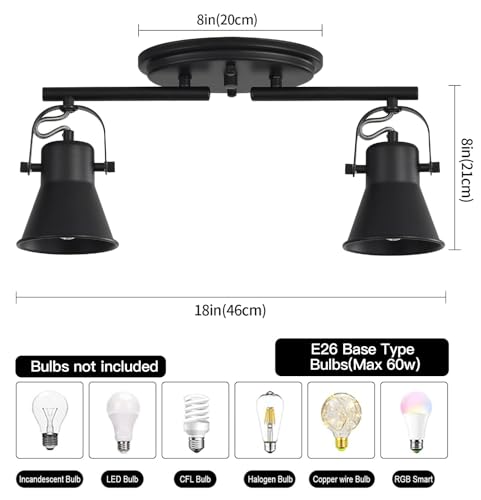 Image of 2 Light Track Lighting Ceiling, Industrial Directional Ceiling Spot Light Fixture,Black Flush Mount Ceiling Light for Kitchen, Living Room, Hallway, Bathroom, Cabinet, Etc.