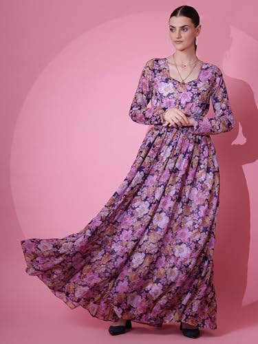 Image of Sheetal Associates Women's Maxi Floral Print Georgette Regular Sleeves Casual Dress