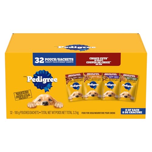 Pedigree Adult Wet Dog Food Choice Cuts in Gravy Filet Mignon, Beef Noodle & Vegetable, Grilled Chicken Flavour, Hickory Smoked Chicken Flavour Variety Pack, 100g Pouch (32 Pack)