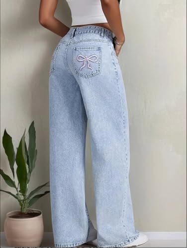 Image of Nifty Women's Denim Stretchable High Waist Light Wash Baggy Jeans || Back Pocket Bow tie Detail