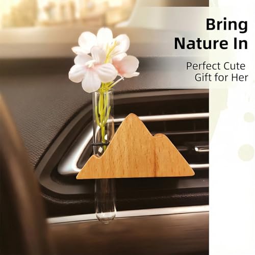 Image of Little Glass Flower Vase Air Vent Clip, Wooden Stand Car Aroma Diffuser, Car Air Vent Decor Plant Holder, Auto Interior Decorations (Beech Peak)