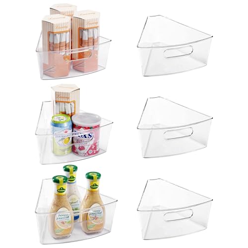 Oubonun Lazy Susan Organizers Set of 6, 10.2”x 9.4”x 4” Plastic Transparent Kitchen Cabinet Storage Bins with Handle, 4