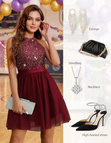 Image of Dressystar Women's Sequin Short Prom Dress Sparkly Halter Tulle Cocktail Party Homecoming Dresses