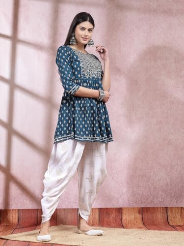 Image of Stylum Women's Printed & Embroidered Rayon A-Line Kurti With Dhoti Pant