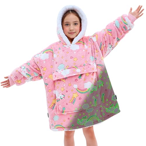 yescool Wearable Blanket Hoodie Kids Glow in the Dark, Oversized Blanket Sweatshirt with Sherpa Teen Girl Gifts for Kids,Girls, 8-15 Year Old Girl Boy Gift Warm Wearable Blankets, One Size, Rainbow