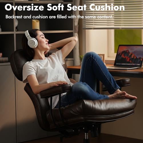 Image of High Back Executive Office Chair with Comfortable Deep Seat,Brown PU Leather Modern Office Chair,Ergonomic Big and Tall Computer Desk Chair with Lumbar Support(Dark Brown)