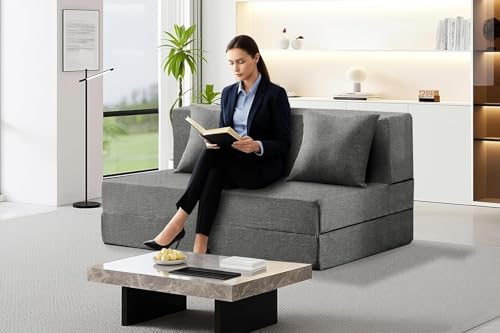 Image of Los Angeles Foldable Two Seater Sofa Cum Bed, Sofa Bed 4 X 6 Feet, Jute Fabric Washable Cover Including Two Cushion Perfect for Home & Office, Bedroom - Grey Color