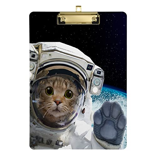 Porte-bloc A4 en forme de chat astronaute avec clip en métal à profil bas pour étudiants, femmes, hommes, 22,9 x 31,8 cm Cover