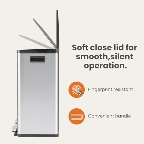 NEWBULIG 2×8-Gallon Kitchen Trash Can, Stainless Steel Garbage Can with Lid, Dual Removable Buckets, Soft-Close Foot Pedal, Fingerprint-Proof for Home & Office - Image 3