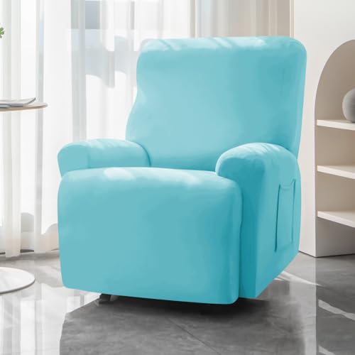 Image of HOKIPO 'SereneSolids' 140 GSM Recliner Stretch Sofa Slipcover 1 Seater Fully Covered 4-Piece Set Machine Washable Furniture Protector with Elasticity for Kids Pet, Sky Blue (AR-4740-SBLU)