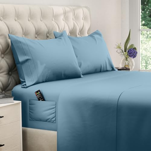 Image of DREAMCARE Full Size Sheets - Cooling Sheets - 4pcs Set - up to 15 inch Deep Pocket Full Sheet Set - Sheets Full Size Bed - Soft & Long Lasting 100% Fine Brushed Polyester with Side Pocket - Mineral Blue
