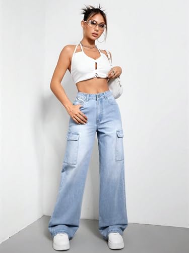 Image of KOTTY Women's Solid High Rise Relaxed Fit Cargo Jeans