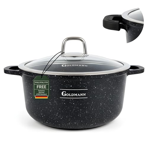GOLDMANN Kochtopf aus Aluminiumguss, 24 cm - 4.5 L, antihaftbeschichtete Keramik-Marmor-Optik, Glasdeckel, induktions- und für alle Herdarten geeignet, ofenfest und PFOA-frei