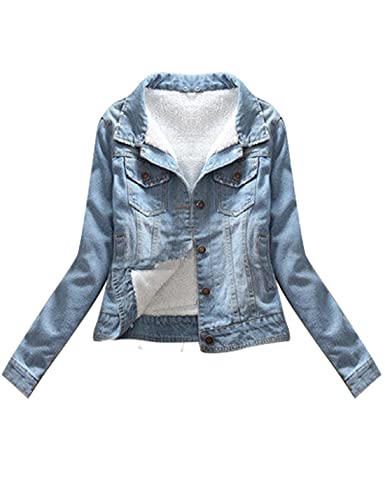 Snoly Jaqueta jeans feminina forrada com sherpa, casual, rosa, branco, cinza, amarelo, gola de pele, Azul, PP