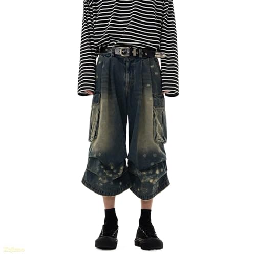 Retro Washed Cut Denim captcha Pants for Men and Women Loose Multi Pocket designelastic Denim Casual Comfortable
