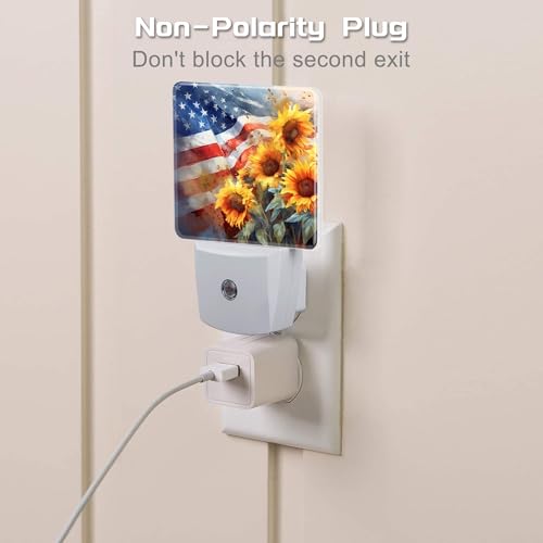 Image of American Flag with Sunflowers Night Light Plug into Wall,Watercolor USA Flag Patriotic Dusk to Dawn Night Light Plug in,0.5w Energy Saving Sleep Friendly NightLight for Kids Boys Girls Home Decor