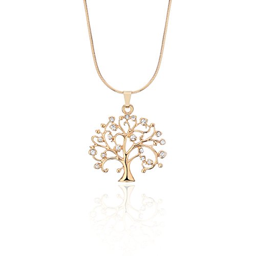Mode Longue chaîne Collier Arbre de Vie Celtique avec Brillant CZ Pendentif en Cristal Collier plaqué Or Bijoux pour Femmes Filles (Plaqué Or)