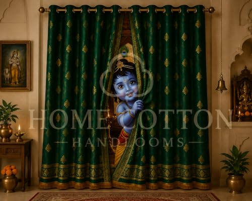 Image of Bal Krishna Green Digital Eyelet Curtain for Mandir /Home Decor| 9Ft 1pc