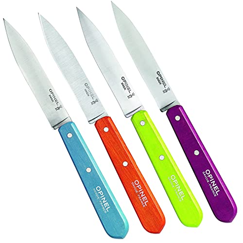 OPINEL - Coffret de 4 Couteaux N°112 Couleurs Acidulées - 4 Couteaux Office - Cuisine Lame Inox 10 cm & Manche Bois de Charme - Bleu Azur, Mandarine, Vert Pomme, Aubergine