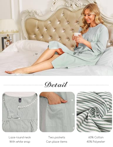 Image of Bloggerlove House Dress Women Cotton Snap Front Nightgown 3 /4 Sleeve Housecoat Duster Robe with Pockets Moomoo Patio Dress