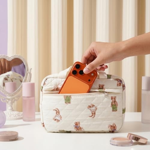 Image of MAYCREATE Large Quilted Makeup Bag Floral Cotton Travel Cosmetic Organizer with Handle for Daily Use and Trips
