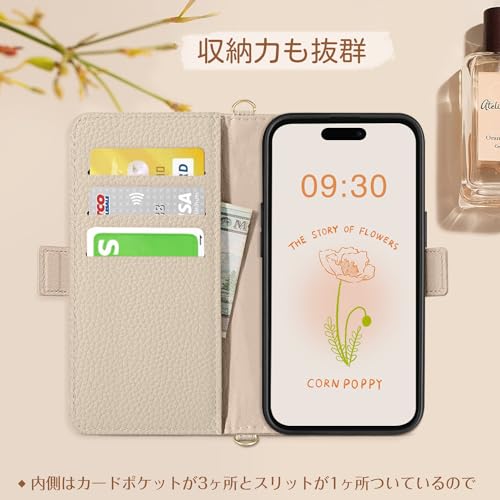 CASSYOOK いphone15 ケース 手帳型 iphone 15 ケース 手帳型 おしゃれ 女性 いphone15 ケース ショルダー スタンド機能付き 全面保護 衝撃吸収 財布型 レディース 上品 美しい アイアイフォン15 ケース 手帳型 着脱しやすい 耐汚れ（アプリコット）