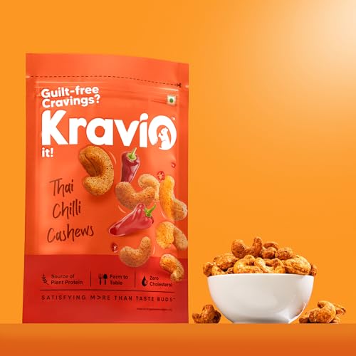 Image of Kravio Premium Thai Chilli Roasted Cashew Nuts 200g | Zero Cholesterol Natural Jumbo Size Whole Kaju Nuts & Dry Fruits | Rich in Protein, Roasted Crunchy Delicious Healthy Snacks