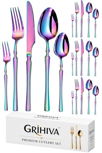 Image of 20 Pcs Rainbow Cutlery Set for Dining Table the Perfect Lightweight Silim Handle Tableware Including Dinner Spoon, Dinner Fork, Dinner Knife, Dessert Spoon & Dessert Fork