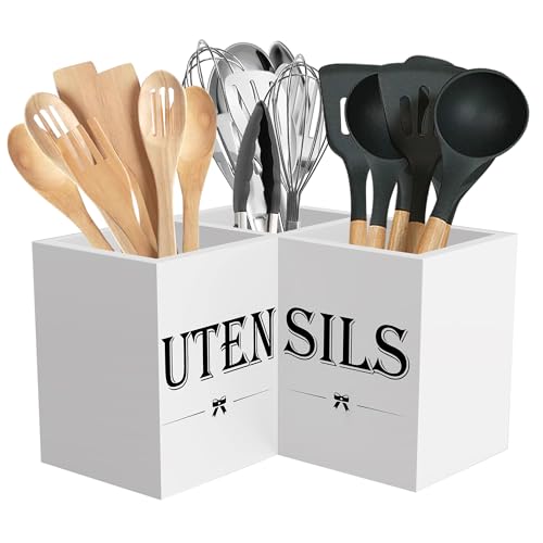 Image of Suli Extra Large Kitchen Utensils Holder with 3 Compartments,Corner Utensil Caddy for countertop,Wooden Utensil Organizer for Kitchen Countertop, Farmhouse Decor- White