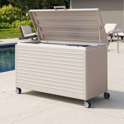 MIRADOR 134 Gallon Outdoor Storage Box with Wheels & Soft-Close Lid Waterproof Metal Deck Box for Patio Cushions Garden Tools & Pool Accessories Latte