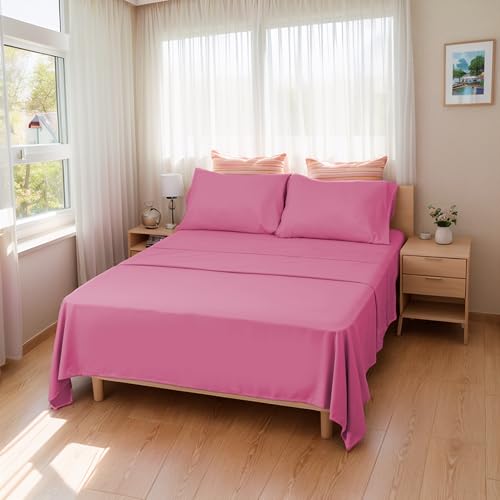 Etrexonline Juego de Sábanas 3 Piezas para Cama de 135 cm - Microfibra Suave y Transpirable, Incluye 1 Bajera Ajustable, 1 Encimera y 2 Fundas de Almohadas - Color Liso Fucsia