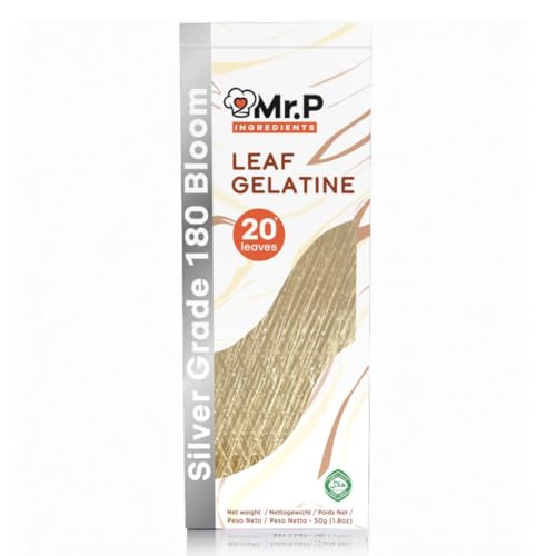 Mr.P Ingredients Leaf Gelatine - 20 hojas de 50 g, grado plateado, 180, sin gluten, sin OMG, hojas de gelatina de carne de res halal, bolsa resellable