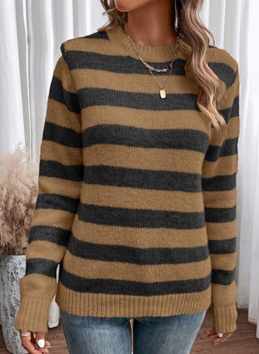 Image of Dokotoo Sweaters for Women 2026 Crewneck Striped Cute Color Block Fall Winter Knitted Pullover Tops
