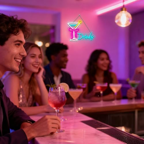 Image of Drink Bow Cocktail Glass Neon Sign LED Neon Light Up Sign for Wall Home Decor Bedroom Business Club Party Bars Shop USB Powered Really Pretty Neon Decor