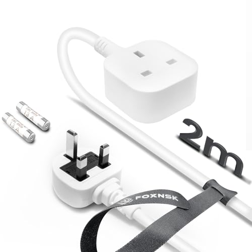 Single Plug Extension Lead 2m 1 Gang Single Socket Extension Lead Surge Protected 13amp 250V 3kw UK 3 Pin Fused Mains for Tumble Dryer Rubber Tough and Fireproof White