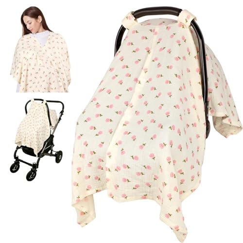 Image of Car Seat Cover Baby Girls Boys, Summer Cotton Baby Car Seat Cover for Carseat, Comfortable Muslin Nursing Cover, Soft Baby Blanket, Breathable Lightweight Infant Stroller Canopy, Pink Flower