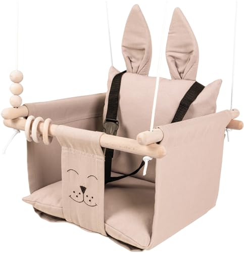 Image of Mass Lumber Indoor Outdoor Baby Swing with 3-Point Harness and Hardware for Ceiling, Porch, Doorway, Canvas Baby Swing Outdoor Toddler Swing Seat Milky Coffee