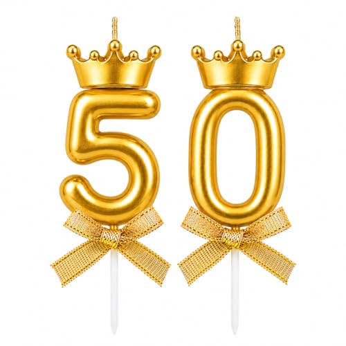 Image of Premium Gold Number 50 Candle Set with Crown Metallic Cake Topper for 50th Birthday Golden Jubilee Anniversary and Celebration Events, 2 PCs