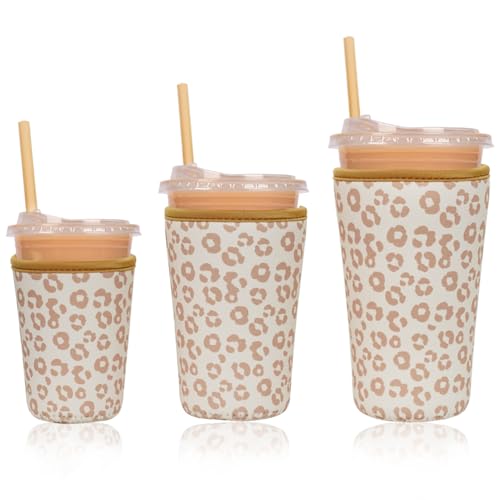 Image of Reusable Insulated Neoprene Iced Coffee Cup Sleeve, Durable Drink Sleeve for Cold Beverages, Beverage Holder for Iced Coffee (Leopard Grace)