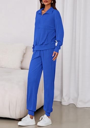 Image of PRETTYGARDEN Women 2 Piece Ribbed Knit Matching Lounge Sets | Comfy Sweat Track Suits, Athleisure Casual Outfit, Half Zip Sweatshirt & Jogger Pants, Fall Winter Clothes for Airport Travel