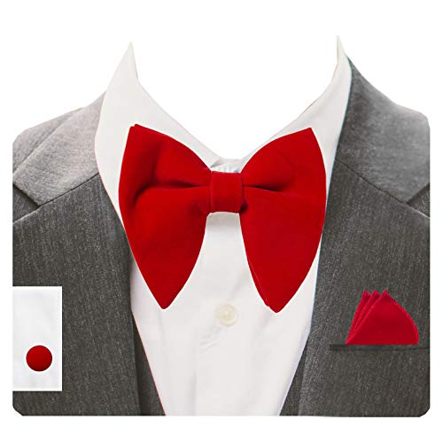 Image of GUSLESON Mens Solid Plaid Velvet Pre-tied Adjustable Bow Tie and Pocket Square Cufflink Set with Gift Box